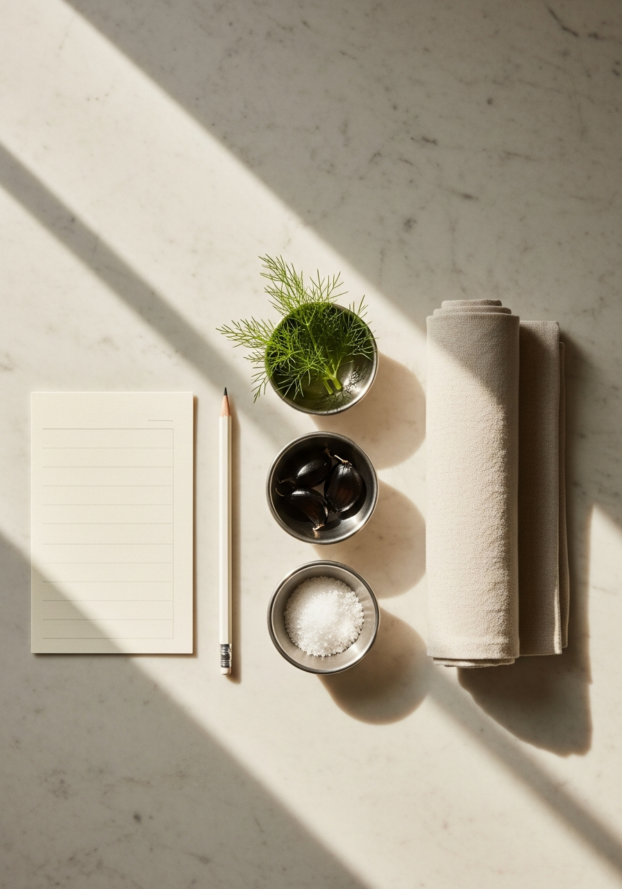 A marble kitchen pass with precise mise en place and a printed reference card in soft window light