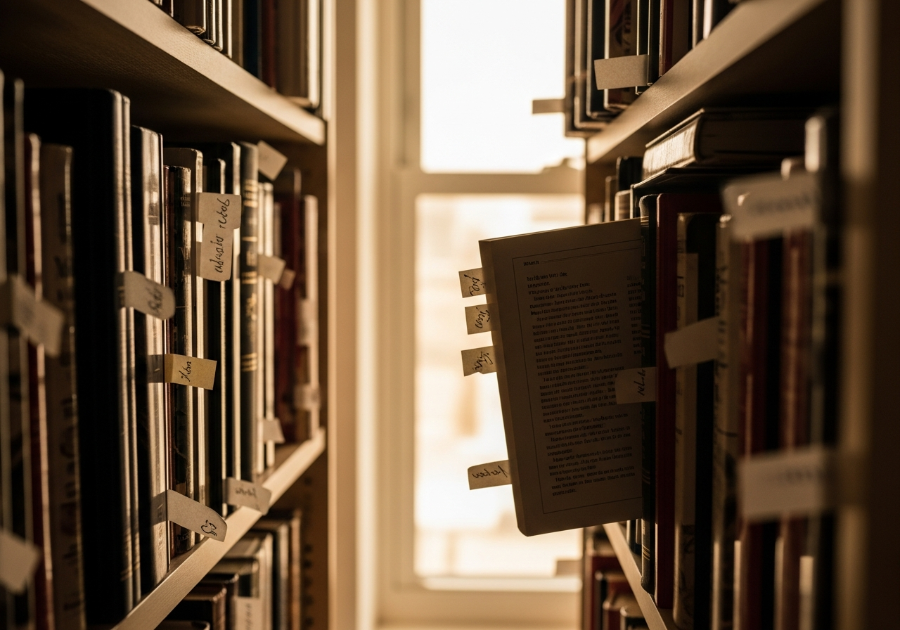 A well-used kitchen bookshelf, worn spines and paper tabs, late afternoon light