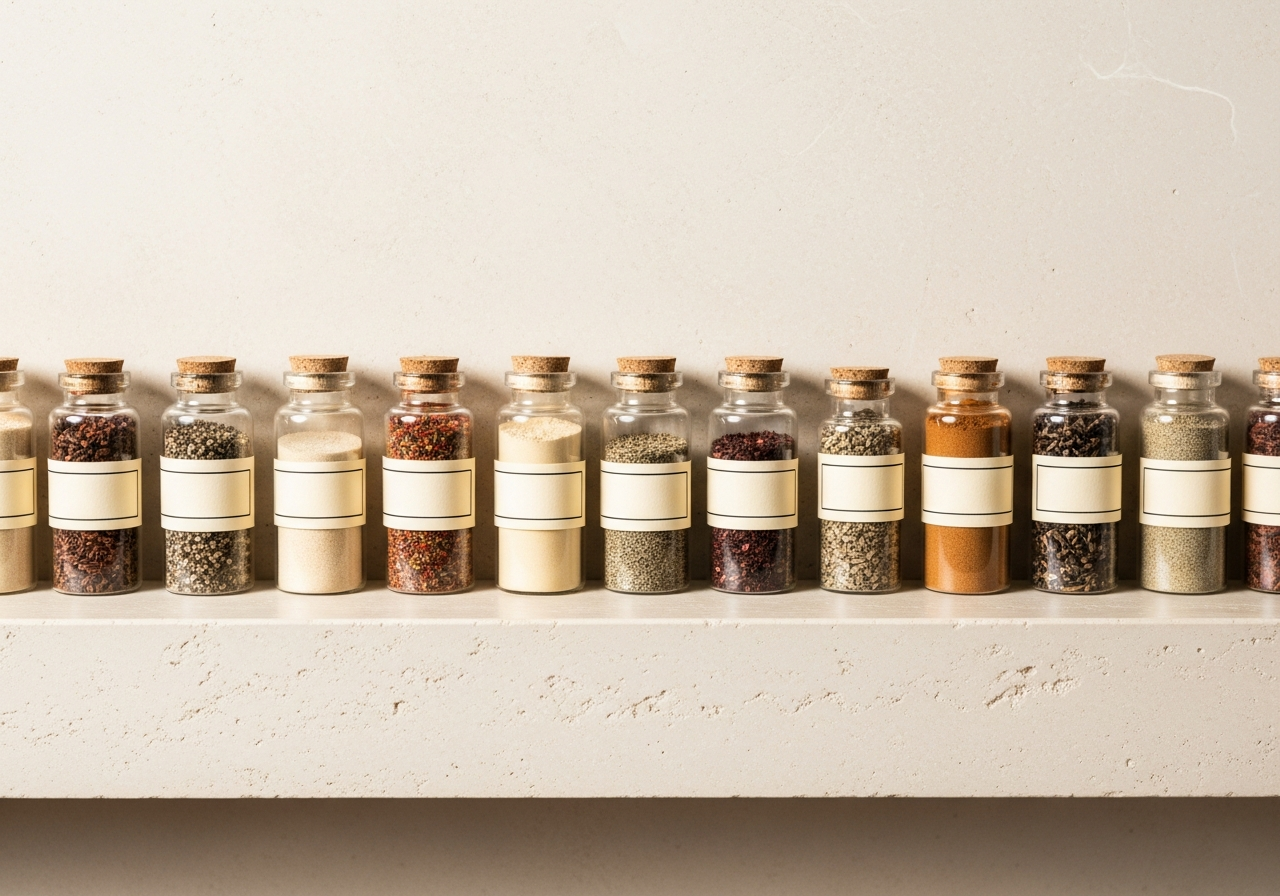 Small glass jars of single spices and dried herbs in a precise row on a cream stone shelf with blank labels