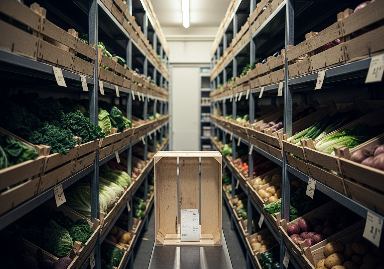 A produce store with crates of vegetables, one crate empty in the center with a delivery slip